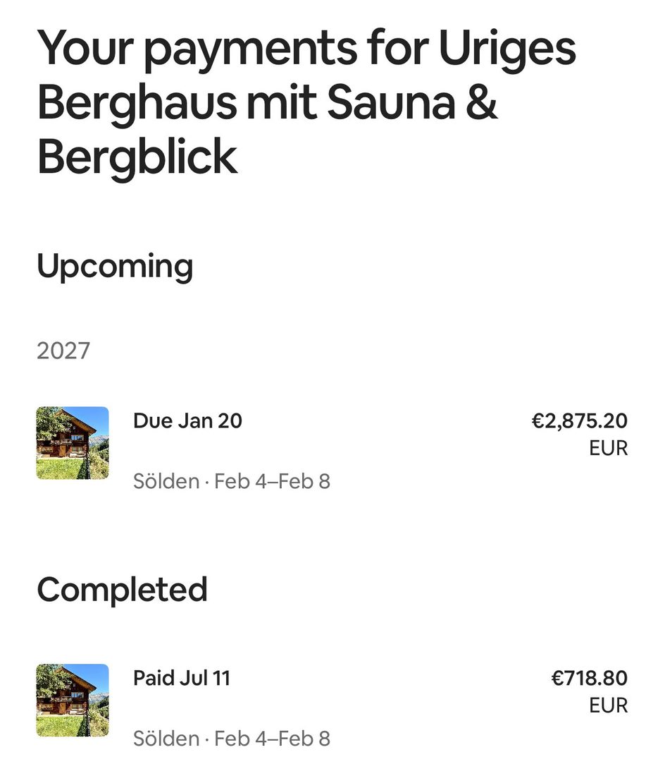 Airbnb-betaaloverzicht: €718,80 betaald op 11 juli, €2.875,20 te betalen op 20 januari