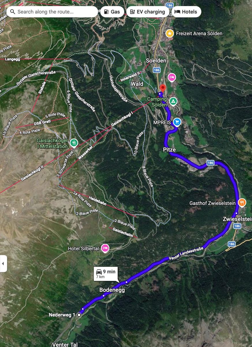 Google Maps-route van het huisje naar de Bergbahnen Sölden: 7 km, 9 minuten