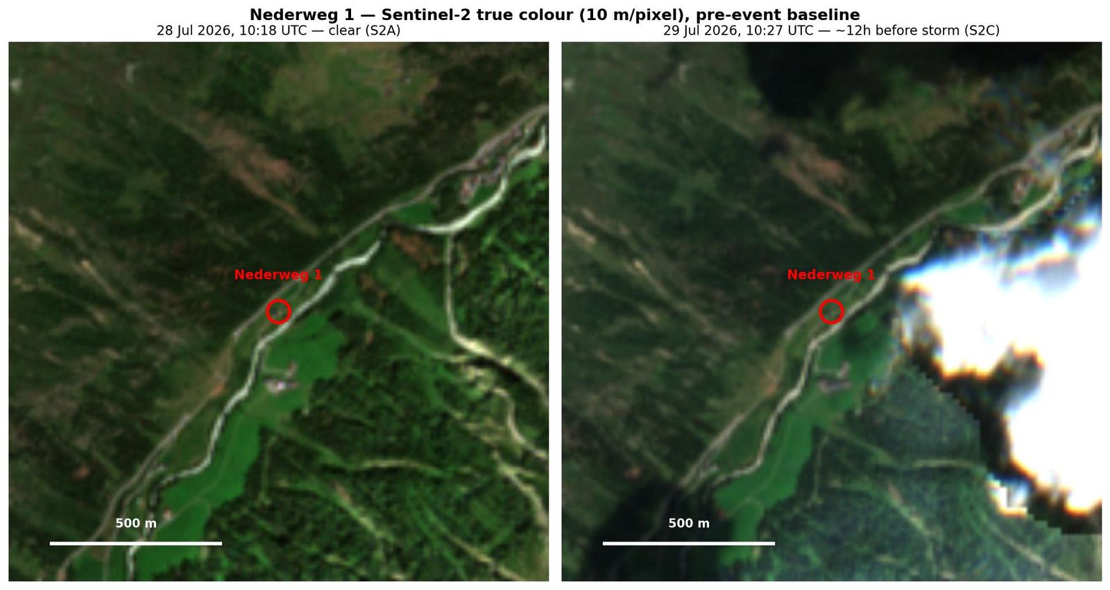 Twee Sentinel-2-opnames van de omgeving van het huisje: 28 juli helder, 29 juli onder de wolken