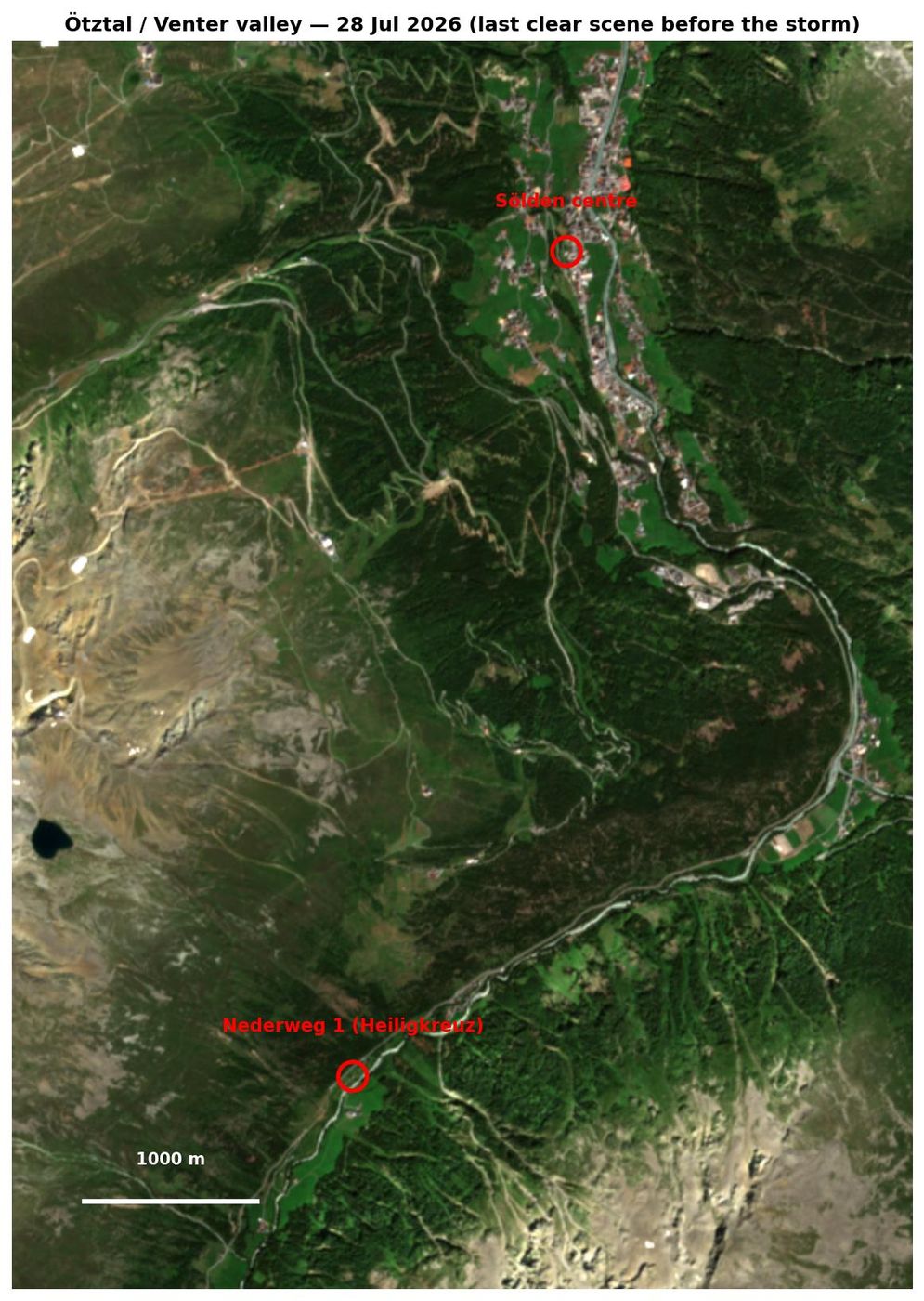 Sentinel-2-satellietbeeld van het Ötztal en Venter Tal met Sölden en het huisje gemarkeerd