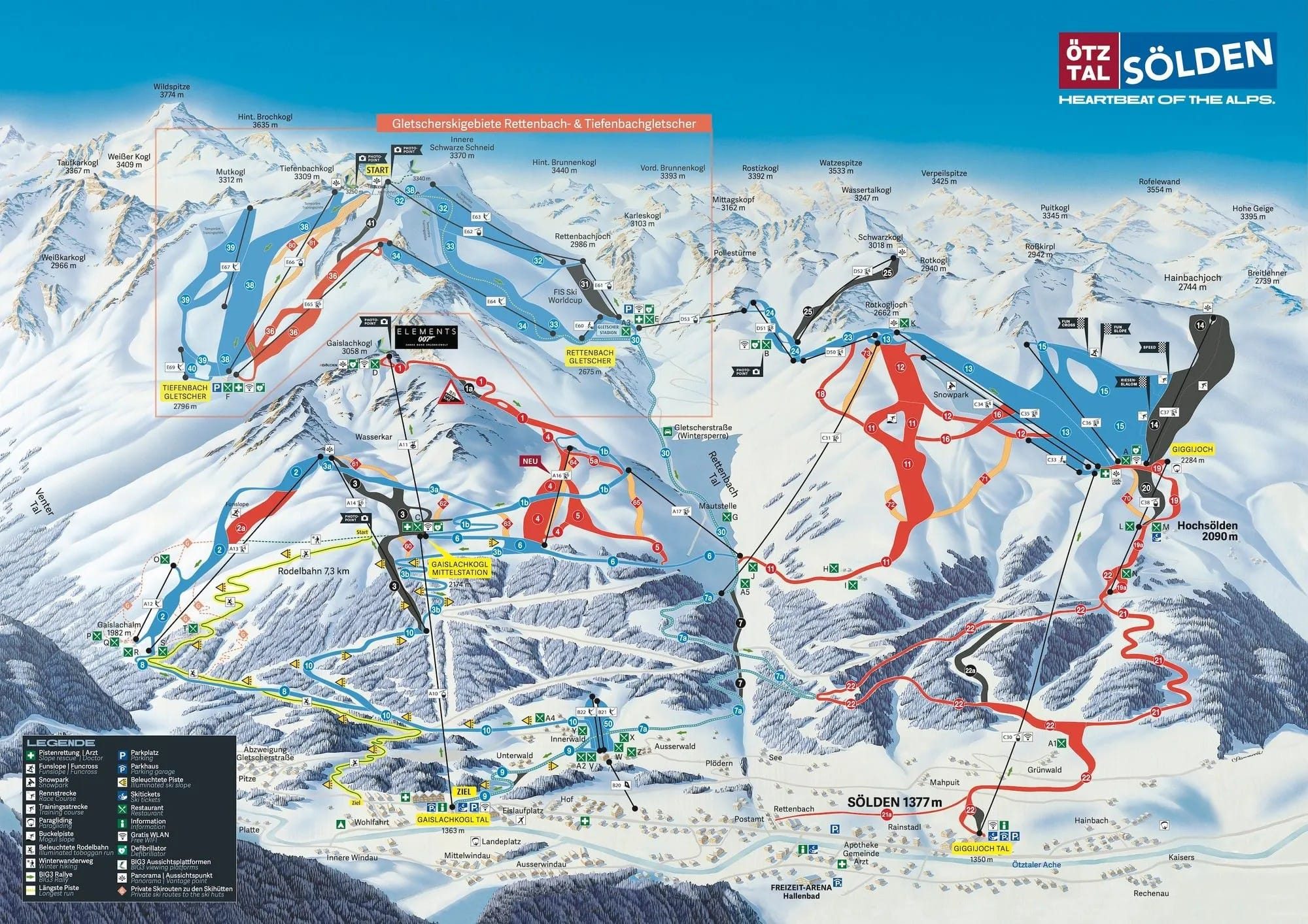Pistekaart van Sölden: Rettenbach- en Tiefenbachgletsjer, Gaislachkogl en Giggijoch